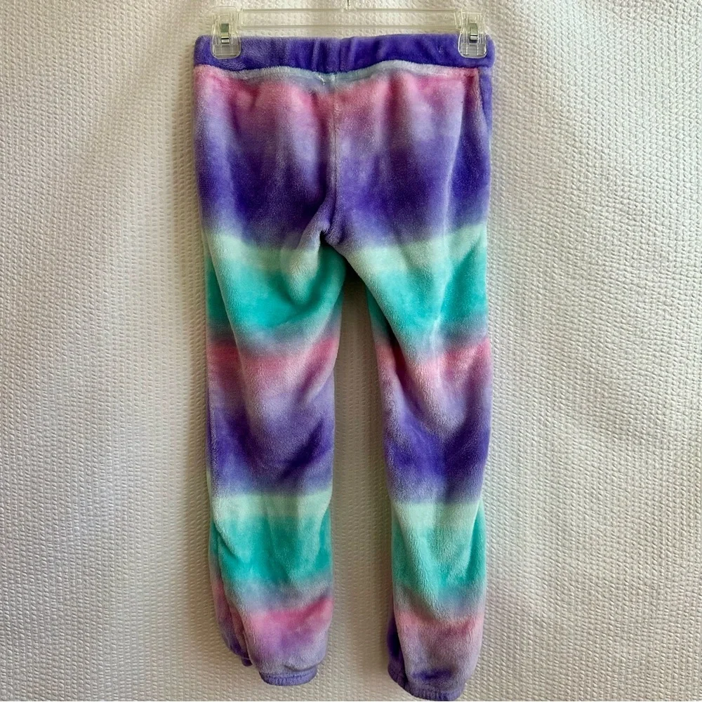 SO Girls Rainbow Stripe Plush Fleece Pajama Set Size 8 Purple Teal Pink Cozy